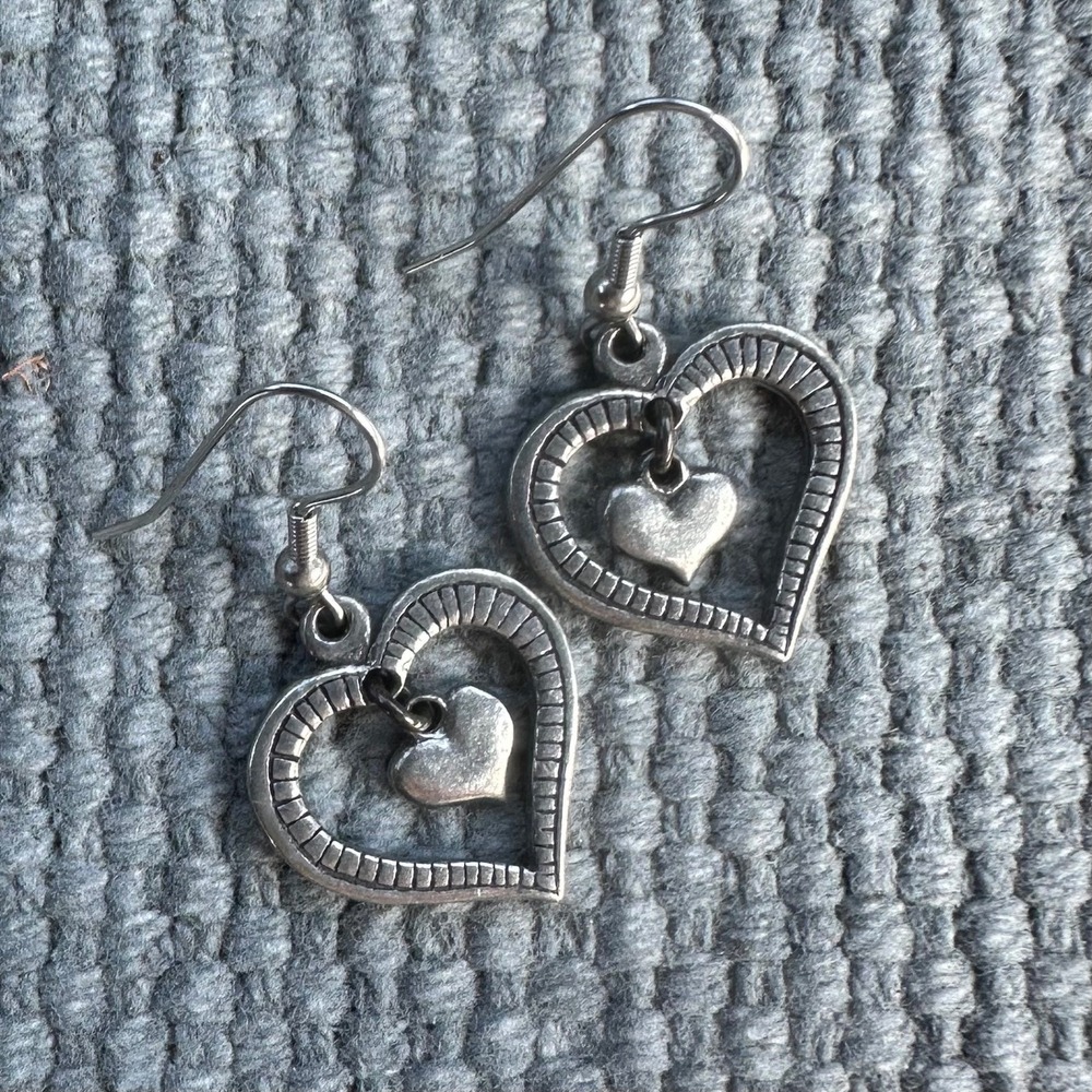 Havstad Tinn Norway Pewter Heart Earrings Double Dangle Silver Tone Scandinavian
